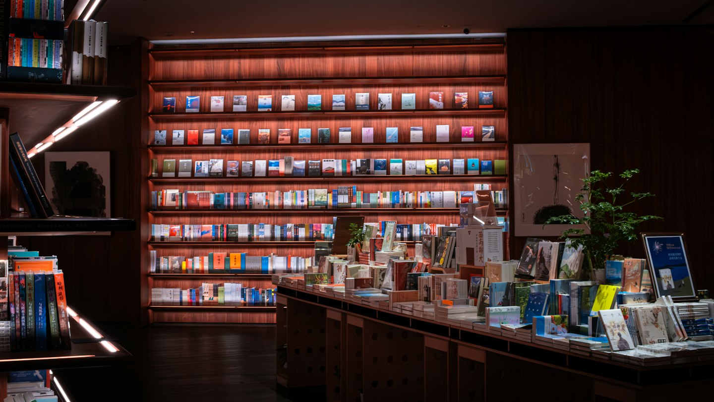 Holzregale voller Bücher in einem modernen Buchladen.
